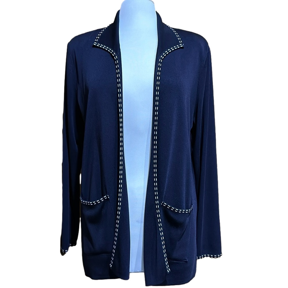 Misook Navy Blue and White Open Front Cardigan Jacket Size Large - EUC